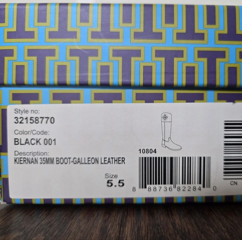 Tory Burch Black Leather Tall Riding Boots with Gold Logo